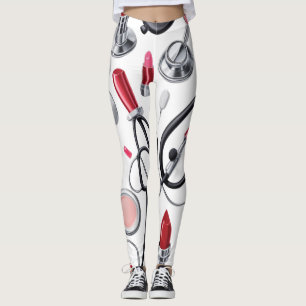 Leggings Nurse Glam – Stethoscope & Lipstick Pattern 