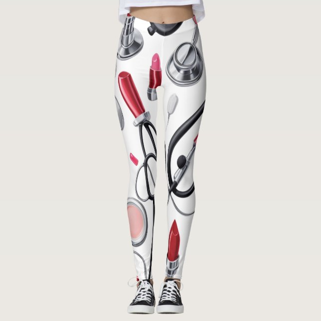 Leggings Nurse Glam – Stethoscope & Lipstick Pattern  (Devant)