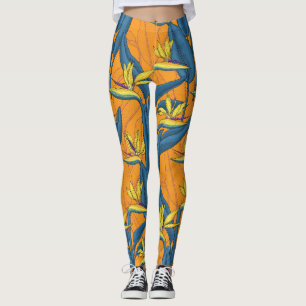 Leggings Oiseau de fleurs paradisiaques sur orange