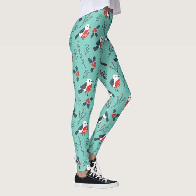 Leggings Oiseaux de Noël colorés et Motif du feuillage d'hi (Droite)
