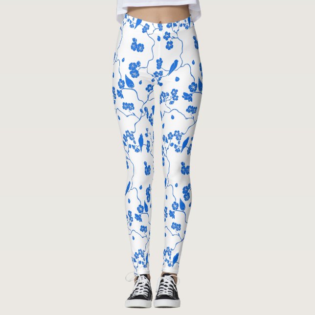 Leggings Oiseaux en fleurs de cerisiers Bleu Imprimer (Devant)