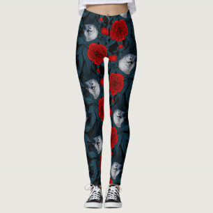 Leggings Oiseaux et fleurs de pivoines rouges avec feuilles