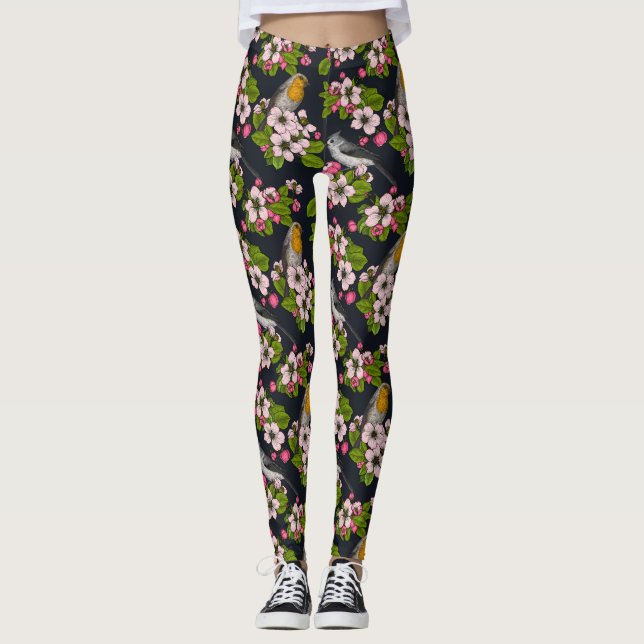 Leggings Oiseaux et fleurs en noir (Devant)