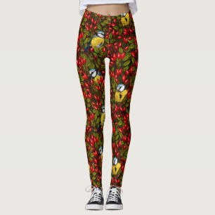 Leggings Oiseaux et hanches roses de chien, vert et rouge