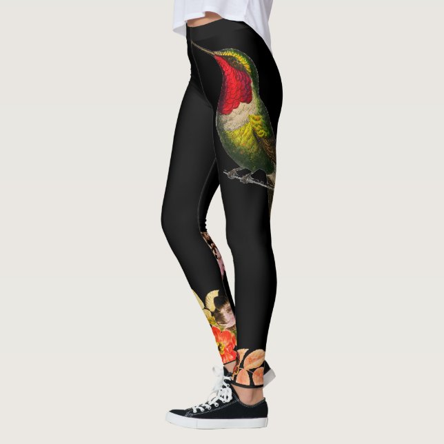 LEGGINGS OISEAUX HUMMINGBIRDS ET FLEURS JAMBRES NOIRES PERS (Gauche)