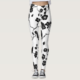 Leggings Oiseaux Motifs noirs et blancs sur les fleurs de c