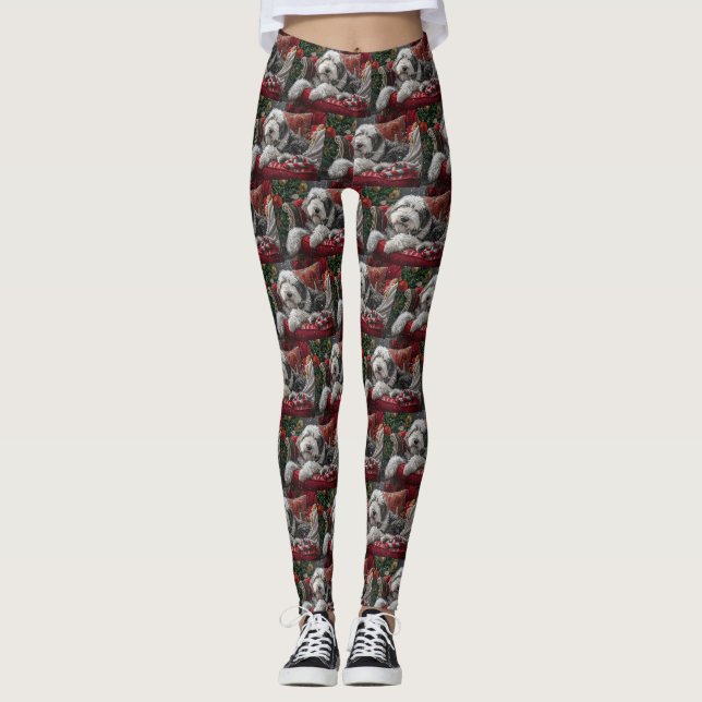 Leggings Old English Sheepdog Festive de Noël (Devant)