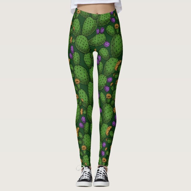 Leggings Opuntie de floraison sur vert foncé (Devant)