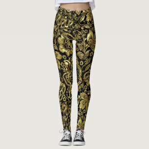 Leggings Or brillant sur noir Floral Damas Motif