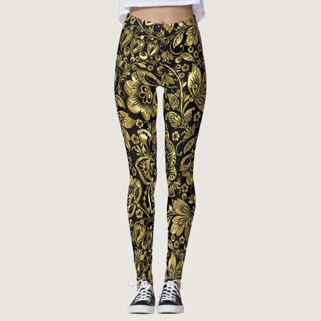 Leggings Or brillant sur noir Floral Damas Motif (Devant)