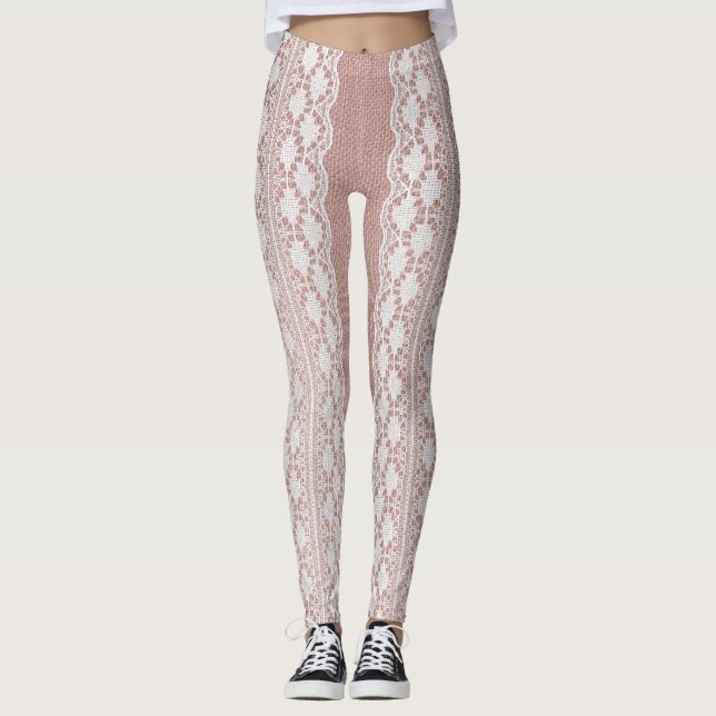 Leggings Or rose métallique, texture dentelle blanc cassé. (Devant)