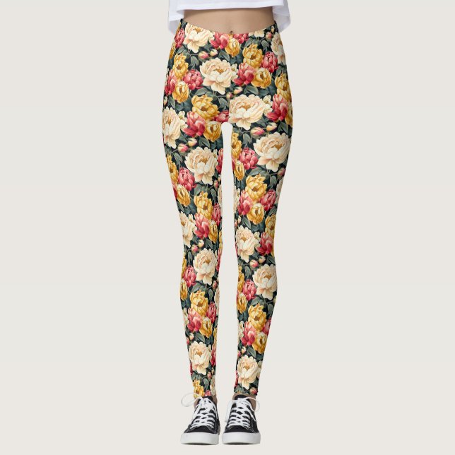 Leggings Or rouge et florale d'ivoire (Devant)