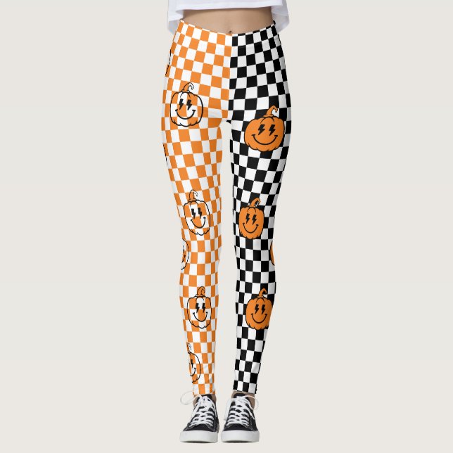 Leggings Orange Black Retro Rad Pumpkin Checkered Halloween (Devant)