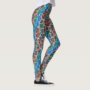 Leggings Orange Bleu Turquoise Mosaïque Vitrail Glass Abstr