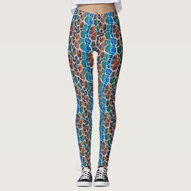 Leggings Orange Bleu Turquoise Mosaïque Vitrail Glass Abstr (Devant)