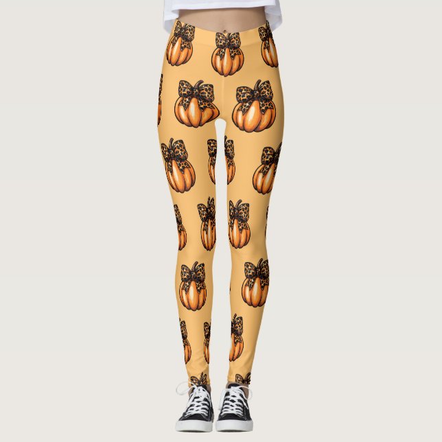 Leggings Orange Coquette Automne Halloween Leopart Citrouil (Devant)