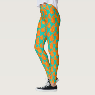 Leggings Orange Et Tel-Vert Résumé Feuilles Motif