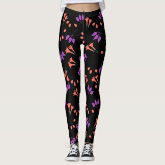 Leggings Orange et violet motif floral sur noir