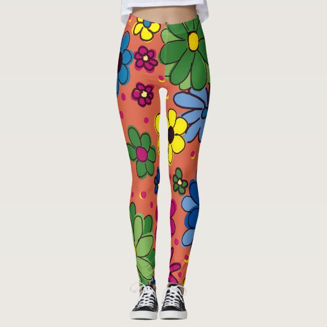 Leggings Orange floral coloré mignon (Devant)