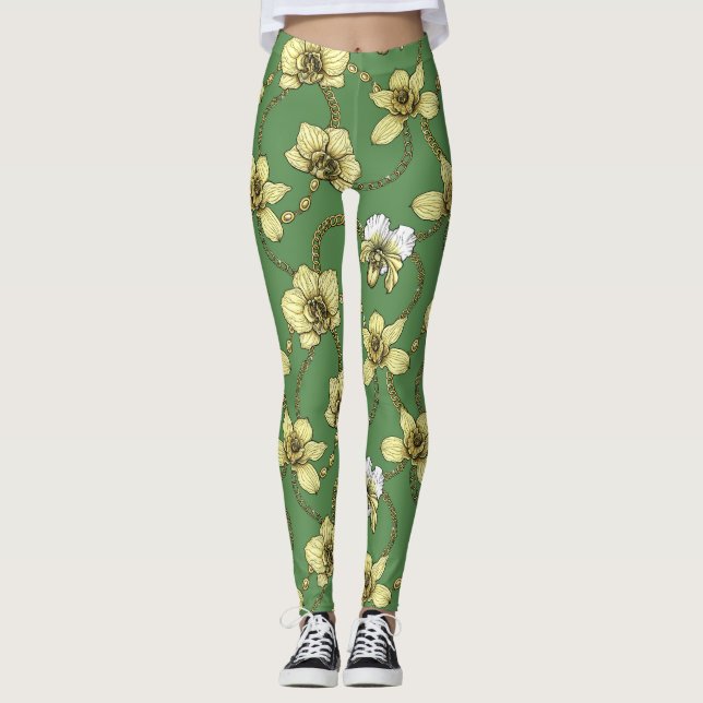 Leggings Orchidées et chaînes, jaune et vert kelly (Devant)