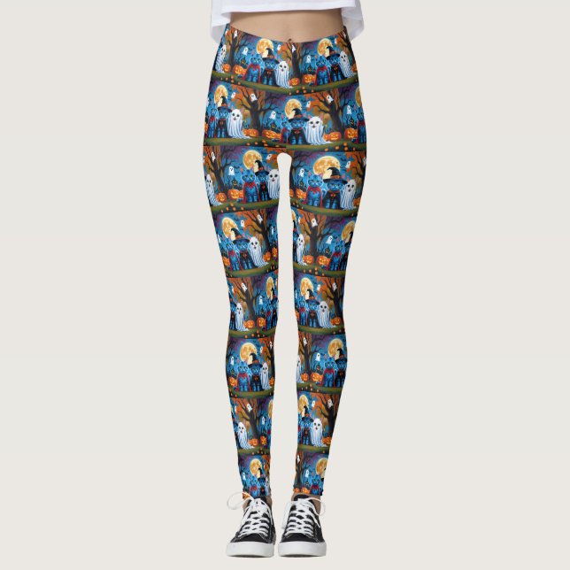 Leggings Oriental Blue Cats Citrouille Halloween Drôle (Devant)