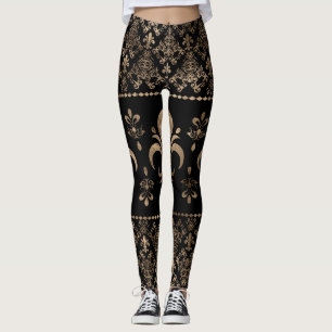 Leggings Ornement de luxe en noir et or Fleur de lis