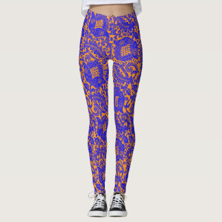 Leggings Ornement floral unique médiéval Cobalt Bleu Orange