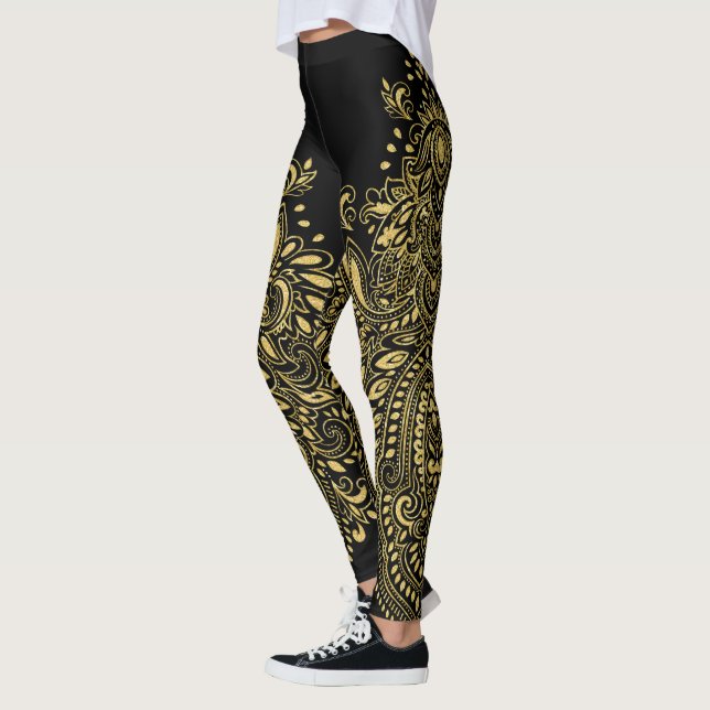 Leggings Ornement Mandala Floral Noir & Or (Gauche)