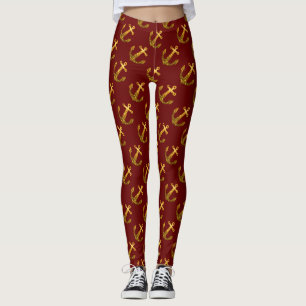Leggings Paillettes fausses dorées motif d'ancre été rouge