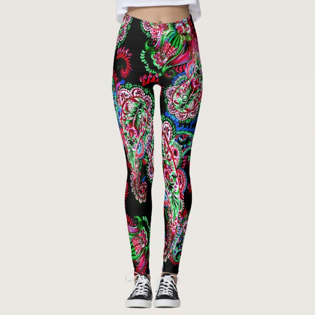 Leggings Paisley Floral Pattern, Ethnic Arrière - plan. (Devant)