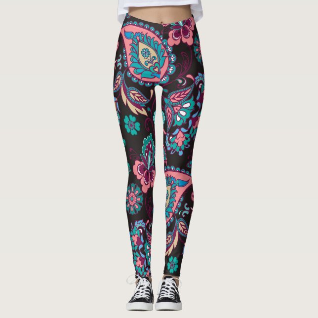 Leggings Paisley Stripe : Noir Décoratif Sans Seamless (Devant)