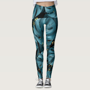 Leggings Palmier De Monstera, Plat D'Or Sans Couche.