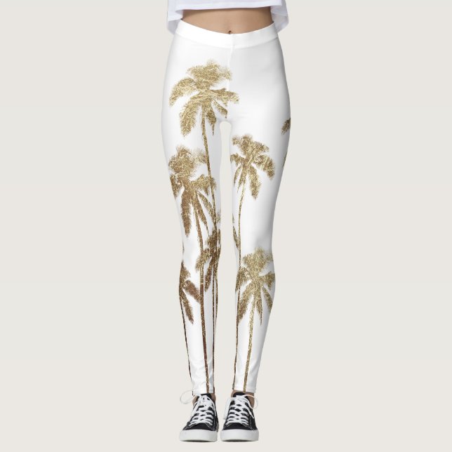 Leggings Palmiers tropicaux d'or fascinant sur le blanc (Devant)