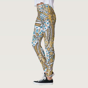 Leggings papier peint bleu art nouveau cyclamen