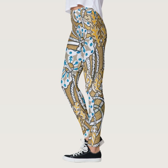 Leggings papier peint bleu art nouveau cyclamen (Gauche)