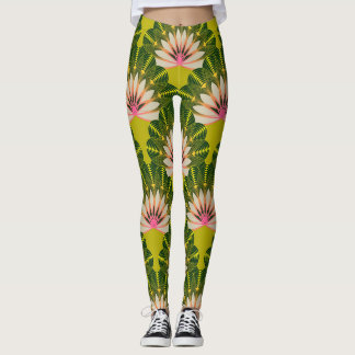 Leggings Papier peint en lotus stylisé : rose, vert.