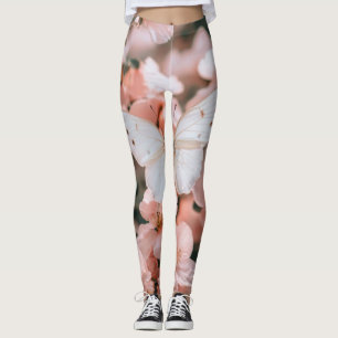 Leggings Papillon Blanc Rêveur sur des Fleurs Roses Tendres