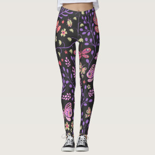 Leggings Papillon coloré et Fleurs Rose mignon