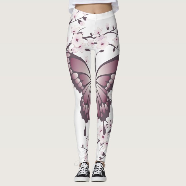 Leggings Papillon Et Fleur De Cerise Mauve (Devant)