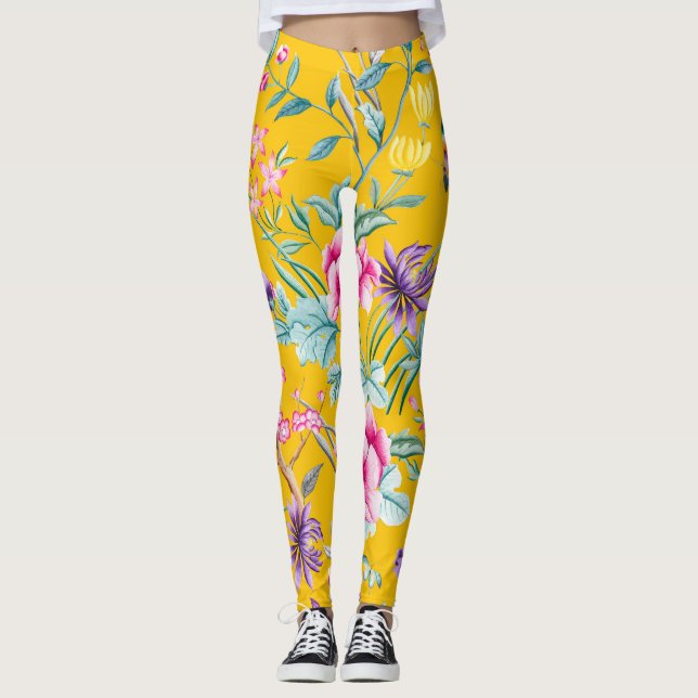 Leggings Papillons de la Chinoiserie, fleurs d'oiseaux jaun (Devant)