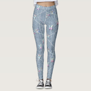 Leggings Papillons en relief aquarelle sur lin bleu denim
