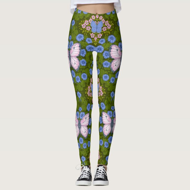 Leggings Papillons et symétrie des fleurs, bleu et rose (Devant)
