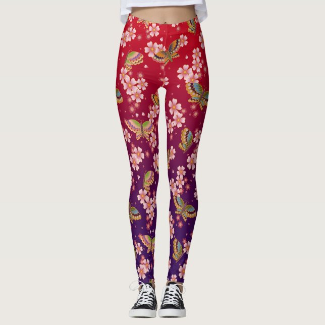 Leggings Papillons japonais au milieu de Sakura Douche Roug (Devant)