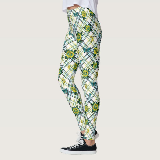 Leggings Papillons Rose de tatouage Turquoise jaune Plaid (Gauche)