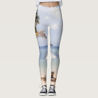 Leggings Parapluies tropicales : blanc, palmier.