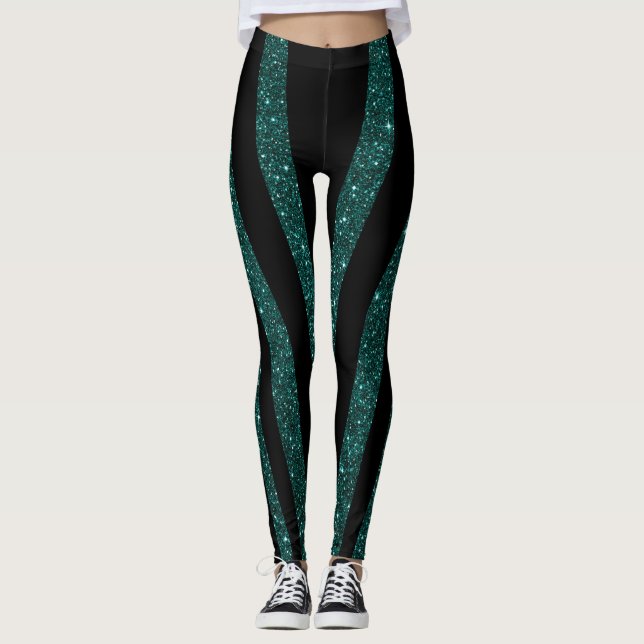 Leggings Parties scintillant Turquoise foncée Bandes noires (Devant)