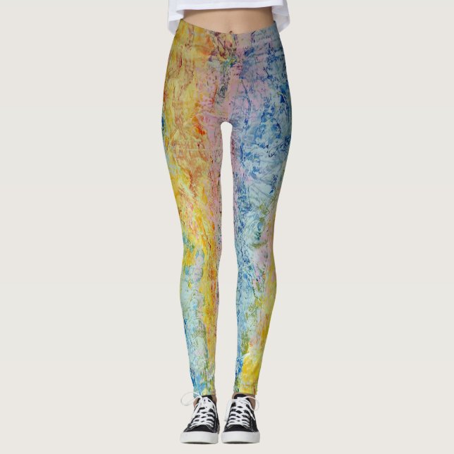 Leggings Pastel Rose Bleu Jaune Texturé Moderne Abstrait (Devant)