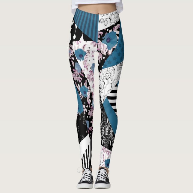 Leggings patchwork bleu, populaire, patchwork, folle, rusti (Devant)