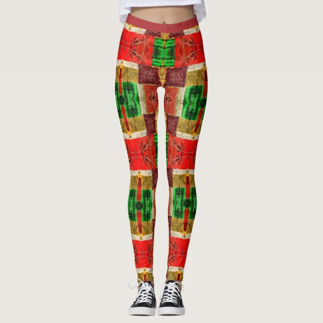 Leggings Patchwork Fabric Print Orange Green Gold élégant (Devant)