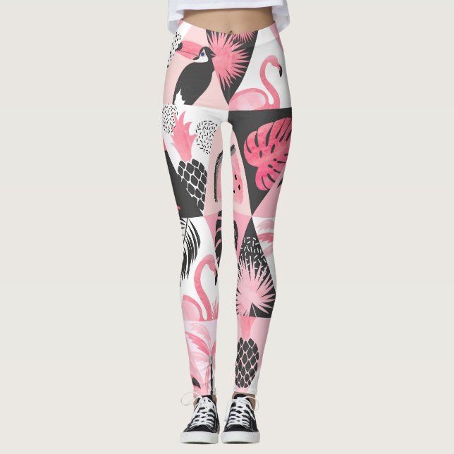 Leggings Patchwork Tropical : Flamant rose Watermelon Seaml (Devant)